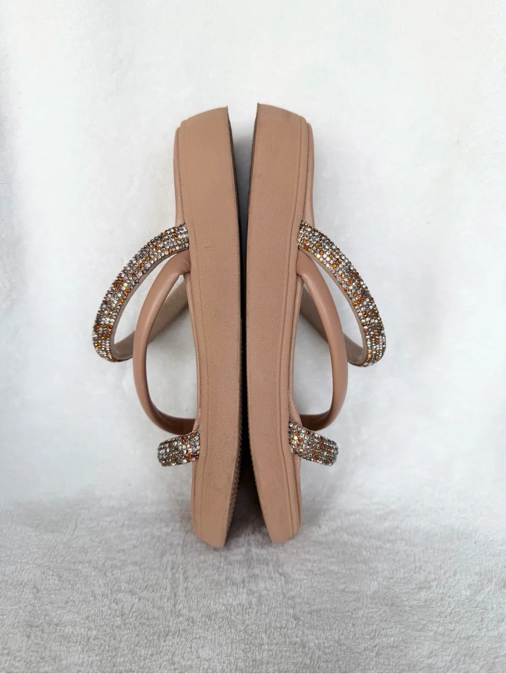 Moleca Big Girls' Blush Tan Slide Sandals with Sparkle Straps Size 4